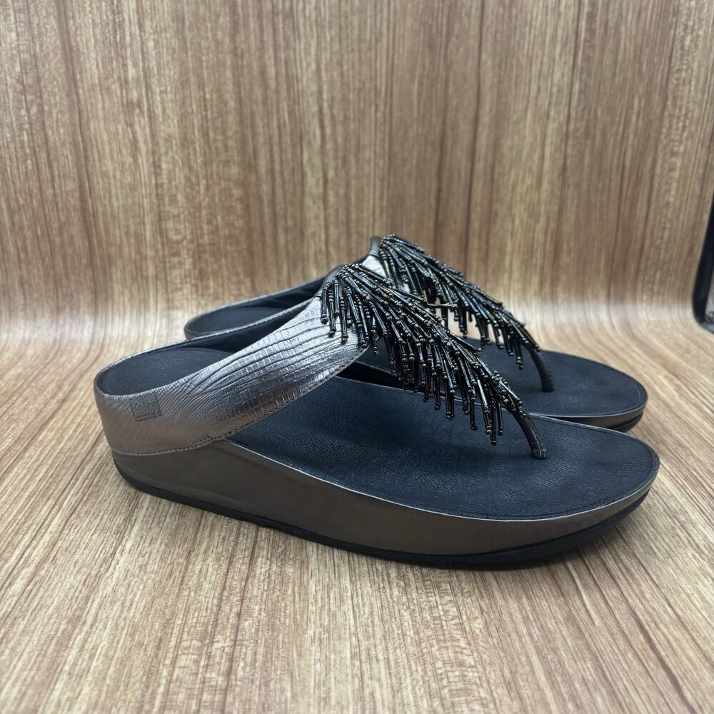 FitFlop Cha‎ Cha Fringe Toe Post Sandals Womens Size 7 Metallic Beaded